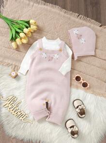 SHEIN Vintaside Kids 女宝宝乡村花卉刺绣甜美连体衣带围兜裤，2 件连体衣带精致帽子套装