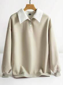 SHEIN BASICS 女士休闲纯色编织领长袖宽松保暖内衬保暖运动衫，日常通勤，温暖舒适，保暖护理 - 杏色 - 查看 7