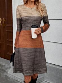 EMERY ROSE Women's Autumn Colorblock Round Neck Long Sleeve Casual Mid-Length Dress , Fall - Multicolor - View 2