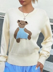 INAWLY Áo len dệt kim cổ tròn thả vai họa tiết gấu hoạt hình thường ngày cho nữ, mùa thu/đông - Màu be - Xem 4