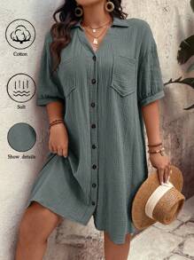 Breezaya Plus Size Women Elegant Daily Wear Solid Color Woven Button-Down Dropped Shoulder Puff Sleeve Pocket V-Neck Collared Mid-Length Dress, Summer