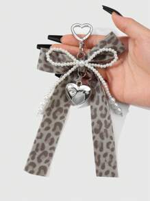 ROMWE Kawaii 1 件 INS 韩式创意时尚独特高品质手工串珠白色仿珍珠，棕色豹纹天鹅绒丝带蝴蝶结，玻璃水晶水钻心形吊坠钥匙扣，适合女性、日常佩戴、节日礼物 - 棕色 - 查看 2