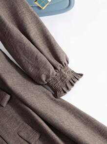 Mulvari Plus Size Casual Solid Color Ruffle Hem Front Zipper Jacket, Autumn - Grey - View 12