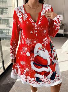 SHEIN LUNE Đầm thường ngày dài tay chữ A họa tiết ông già Noel cỡ lớn cổ chữ V trang trí nút - Nhiều màu - Xem 3