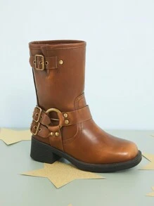 Mini mi Kid's Bestseller Cool Girl Square Toe Buckle Moto Boots - Distressed Materials, Comfort & Stylish