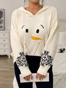 EMERY ROSE Plus Size Women Winter Crew Neck Cute Snowflake Pattern Snowman Embroidery Loose Drop Shoulder Casual Hooded Sweater Knit Pullover Fall Outfit Autumn