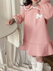 DAZY Young Girls Bow Pattern Thermal Lined Dress, Fall Outfits - Pink - View 1