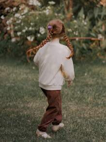 SHEIN 年轻女孩春秋季花卉贴花荷叶边圆领长袖可爱运动衫 - 墨綠色 - 查看 6