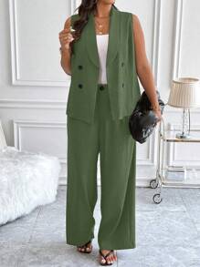 Celure 大码无袖双排扣花卉印花灰色西装外套和直筒阔腿裤 2 件套西装套装 - 橄欖綠 - 查看 6