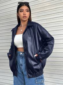 SHEIN EZwear 秋季大码女式纯色长袖 PU 皮革宽松休闲夹克