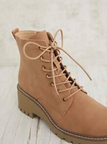 SHUZIA Bestseller Women's Taupe Lace-Up Ankle Boots With Stiching Wedge Sole – Chunky Heel With Rugged Outdoor Style - Khaki - View 6