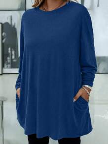 Camiseta casual de manga larga con cuello redondo y hombros caídos, de unicolor, para mujer de talla grande, otoño - Azul - Ver 4