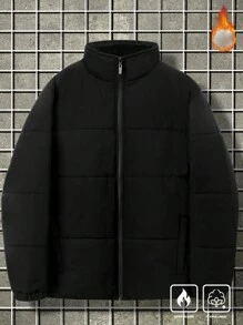 Manfinity Homme Abrigo acolchado casual con cremallera de manga larga y unicolor, talla grande para hombre, invierno