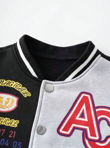 SHEIN Jaqueta de beisebol esportiva com estampa de blocos de cores para meninos pré-adolescentes