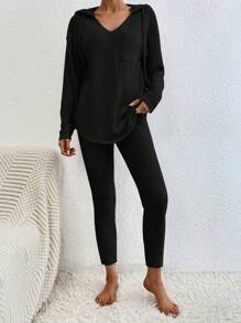 SHEIN Cottnline Cotton Ribbed Knit Drawstring Hooded Tee & Leggings - Black - View 4