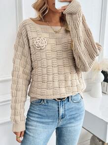 SHEIN LUNE Suéter de punto asimétrico de hombro de estilo cable de moda de otoño/invierno, manga de murciélago, suelto y casual de unicolor con flores 3D, adecuado para el ocio al aire libre en otoño - Caqui - Ver 3