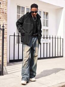 Manfinity Dauomo Veste décontractée et ample avec détail réfléchissant, veste à capuche zippée à manches longues, style streetwear pour l'automne et l'hiver - Noir - Voir 3