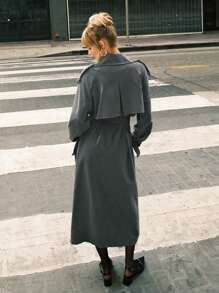 SHEIN EZwear Casual Notched Lapel Double Breasted Belted Trench Coat, Autumn - Dark Grey - View 2