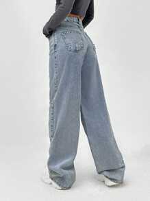 EURMUSE HIGH RISE WIDELEG CUT RIPPED DETAIL WOMEN JEAN - Medium Wash - View 2