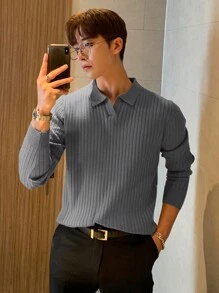 DAZY 男士休闲 Polo 领长袖条纹套头毛衣商务装 - 灰色 - 查看 3