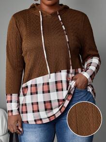 SHEIN LUNE Plus Size Plaid Patchwork Drawstring Hoodie T-Shirt, Casual Autumn - Brown - View 1