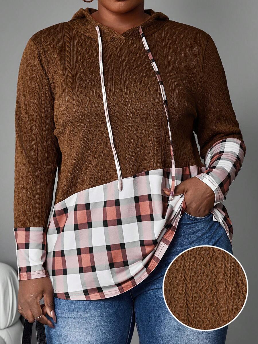 SHEIN LUNE Plus Size Plaid Patchwork Drawstring Hoodie T-Shirt, Casual Autumn - Brown - View 1
