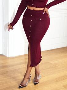Zolique Women Elegant Solid Color Button Decor High Slit Bodycon Knit Skirt - Red - View 4