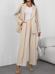 SHEIN Clasi بدلة نسائية كاجوال من بلوفر بأكمام طويلة وسراويل بخطوط متباينة ، مناسبة للخريف والشتاء