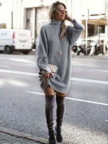 SHEIN Clasi Women's Drop Shoulder Long Sleeve Knitted Sweater Dress - Grey - View 5