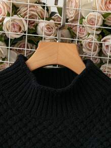 SHEIN LUNE Top de Malha Preta Básica com Gola Redonda e Manga Curta para Outono/Inverno, Tamanhos Grandes - Preto - Visão 3