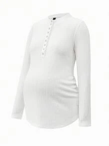 SHEIN 2 件套纯色孕妇纽扣半襟长袖休闲运动 T 恤 - 紅白色 - 查看 8