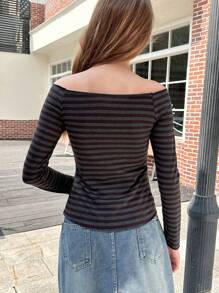 INAWLY Áo thun sọc dài tay hở vai thời trang xuân thu cho nữ - Nhiều màu - Xem 2