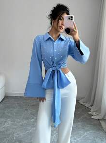 Chiquease Áo sơ mi tay dài cổ tròn đính ngọc trai, dây đeo chéo vai, màu xanh, tay chuông, eo bó, thiết kế nơ và eo, ôm vừa vặn, đa năng, hẹn hò, đi làm, tiệc tùng, kỳ nghỉ, tuyệt đẹp, tay dài, áo cánh thu đông - Màu xanh lam - Xem 7