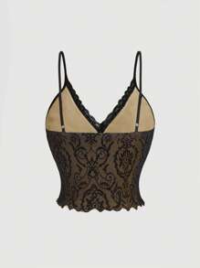 SHEIN MOD 大码黑色花卉提花植绒网眼撞色蕾丝吊带背心 - 黑色 - 查看 2