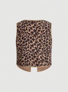 SHEIN MOD Plus Size Leopard Print V-Neck Sleeveless Front Tie Reversible Jacket