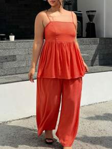 INAWLY Plus Size Women 2pcs Set Ruffle Hem Camisole Tank Top And Pants, Casual