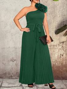 Celure 大码女式优雅纯色褶皱花卉装饰不对称肩带环连体裤，时尚设计