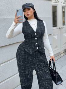 Calvaya 大码时尚背心和休闲裤套装，秋季 - 黑色 - 查看 5