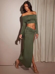 Hauture Off Shoulder Long Sleeve Crop Top And Ruched Maxi Skirt Set - Army Green - View 8