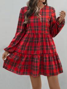 SHEIN Clasi 女式圣诞休闲格子灯笼袖连衣裙 - 彩色 - 查看 6