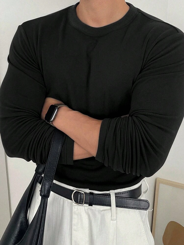 Men's Plain Black Fleece Crew Neck T-Shirt, Autumn/Winter