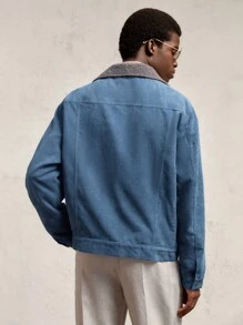 AKNOTIC Business Casual Áo khoác nam cổ raglan rộng rãi, cài nút kim loại phía trước, màu xanh lam, nhiều túi, thiết kế tách rời, phù hợp mặc hàng ngày vào mùa thu/đông, phụ kiện dây xích kim loại, phụ kiện kim loại chữ cái, viền nhung kẻ và lông cừu tương phản màu - Màu xanh lam - Xem 7