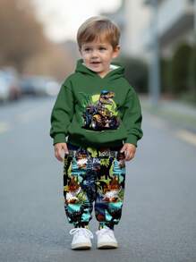 SHEIN 男婴休闲简约宽松舒适酷炫时尚恐龙印花柔软针织连帽衫和裤子套装，适合秋冬季 - 彩色 - 查看 1