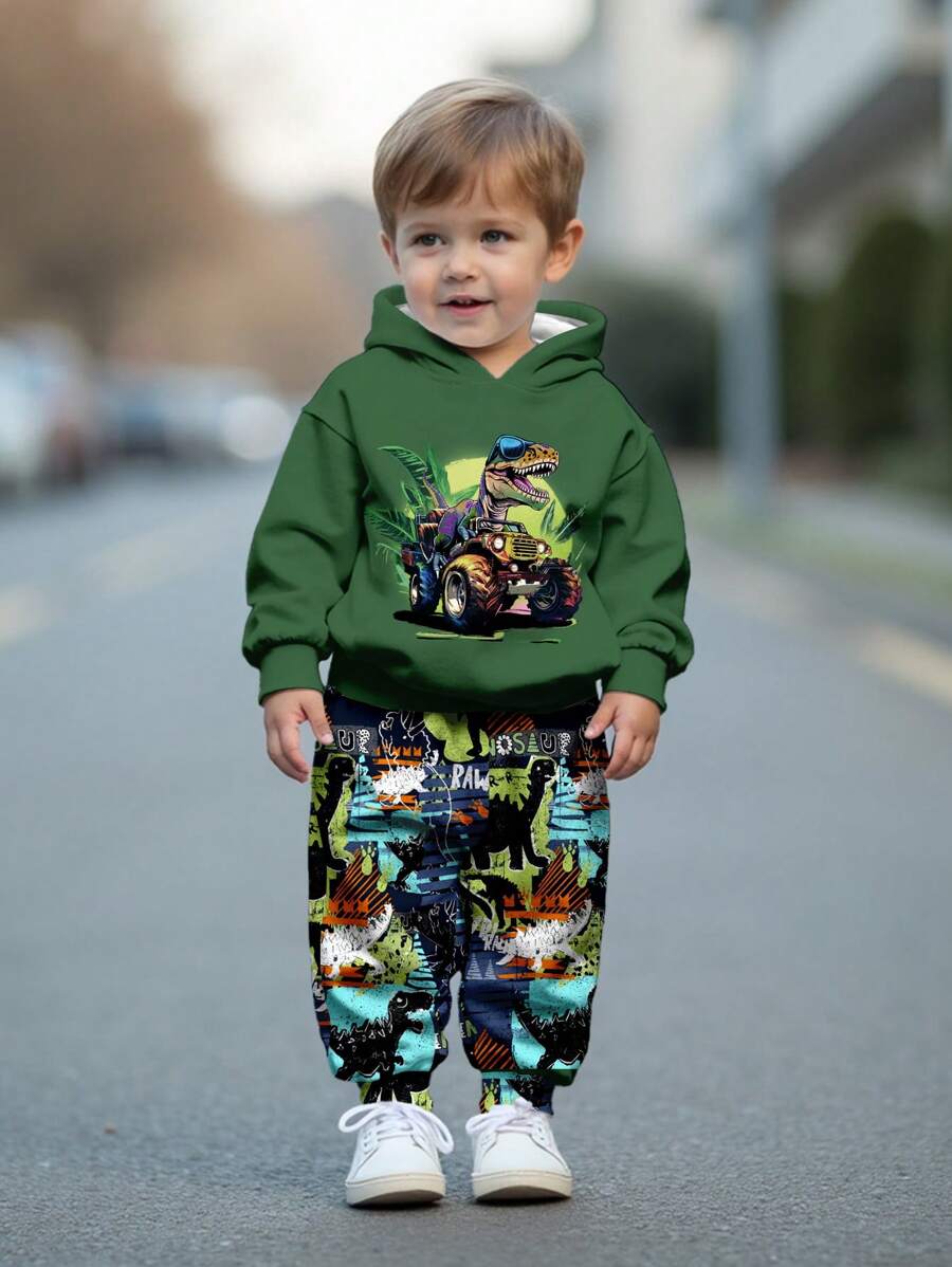 SHEIN 男婴休闲简约宽松舒适酷炫时尚恐龙印花柔软针织连帽衫和裤子套装，适合秋冬季 - 彩色 - 查看 1