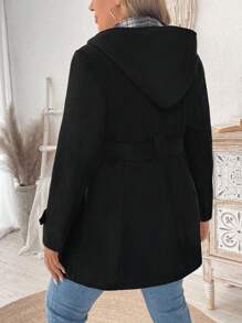 Flirla 大码女式纯色长袖双排扣连帽抽绳外套 - 黑色 - 查看 2