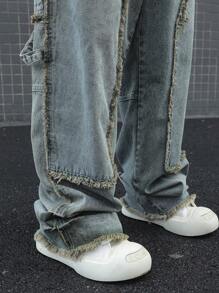 Manfinity EMRG Men's Raw Edge Design Loose Fit Wide Leg Baggy Jeans, Belt Not Included - Multicolor - View 3