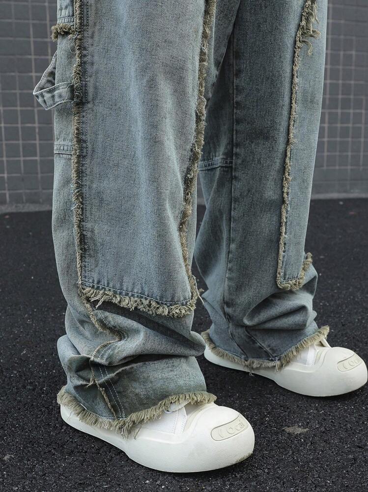 Manfinity EMRG 男式时尚毛边设计宽松阔腿宽松牛仔裤，不含腰带 - 彩色 - 查看 3