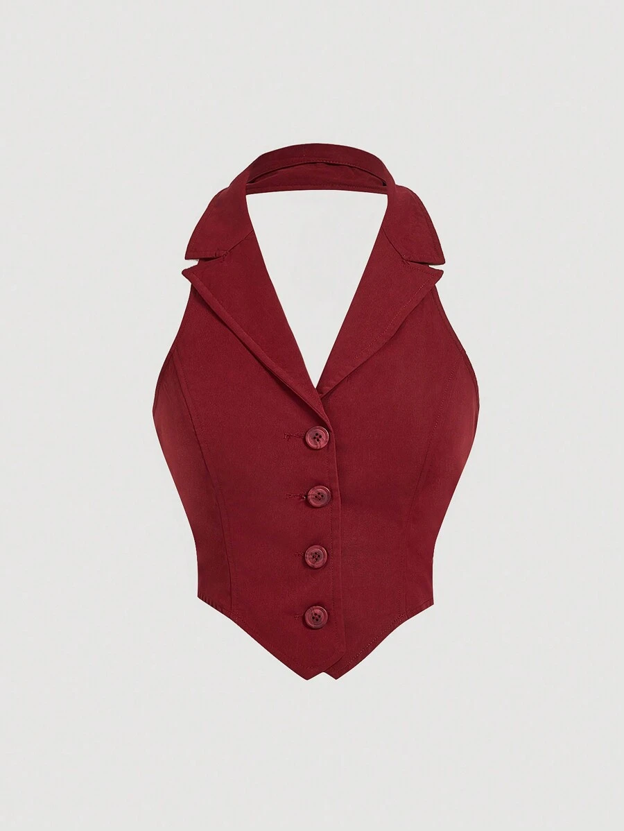 SHEIN MOD White Summer Solid Button Front Halter Top - Burgundy - View 1