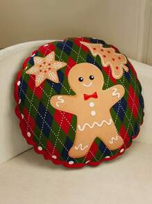 1pc Christmas Cartoon Gingerbread Men Printed Round Throw Pillow Cover, Single-Sided Printing, No Filling, Home Decorative Cushion Cover, 17.72"X17.72" - Multicolor - View 1