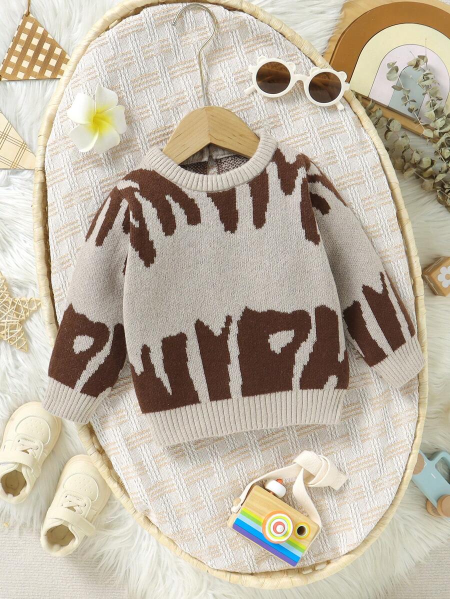 SHEIN Baby Boy Round Neck Casual Long Sleeve Sweater, Everyday Wear - Khaki - View 1
